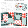 Contents of the Tis the Season to Be Freezin 12x12 Scrapbook Page Kit by Miss Kate Designs, including two patterned base sheets, pre-cut winter-themed die-cuts, instructions creating beautiful DIY scrapbook layouts. Perfect seasonal holiday crafts.