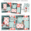 Instructions for the Tis the Season to Be Freezin 12x12 Scrapbook Page Kit by Miss Kate Designs, showing step-by-step assembly: add photos, apply die-cuts, and complete beautiful winter-themed layouts. Includes patterned base sheets pre-cut ephemera.