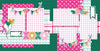 XOXO scrapbook page kit with pink and teal heart patterns, layered grid backgrounds, and die-cut elements like heart balloons, pennant banners, and word art, perfect for crafting love-themed layouts. Includes pre-cut cardstock and embellishments.

