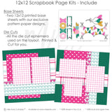 Love-themed scrapbook kit with pink hearts, plaid patterns, decorative banners, floral accents, and festive die-cuts. Includes professional layouts, easy layering, crafting supplies, die-cut stickers, and embellishments for keepsakes.

