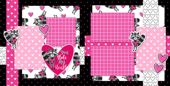 12x12 scrapbook page kit featuring raccoons, pink hearts, decorative layering elements, die-cut ephemera, and patterned backgrounds. Ideal for Valentine's Day, romantic scrapbooking, handmade crafts, DIY albums, and photo keepsakes.