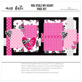 Love-themed scrapbook page kit with raccoons, heart embellishments, pink and black patterns, paper layering, decorative accents, and die-cuts. Perfect for capturing Valentine's Day, love-themed moments, and crafting personalized memory albums.