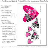 Valentine's Day scrapbook kit featuring raccoons, pink hearts, layered paper accents, decorative elements, 12x12 patterned backgrounds, die-cut ephemera, and embellishments for crafting. Ideal for handmade scrapbook layouts and special moments.