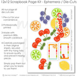 Citrus fruit scrapbook page kit with patterned backgrounds, gingham stripes, and fruit-themed embellishments. Cherries, lemons, and blueberries add a playful touch to layouts. Great for summer, vacation, and sweet treat-themed scrapbooks. High-quality materials for DIY memory keeping.
