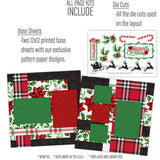 Christmas scrapbook page kit includes two 12x12 base sheets with festive red green plaid designs plus holiday-themed die cuts like poinsettias holly candy canes Santa’s sleigh and Merry Christmas embellishments for DIY holiday crafts and scrapbooking.